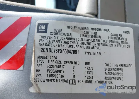 2006 Chevrolet Equinox Lt z USA, uszkodzony, nr VIN 2CNDL73FX66047081